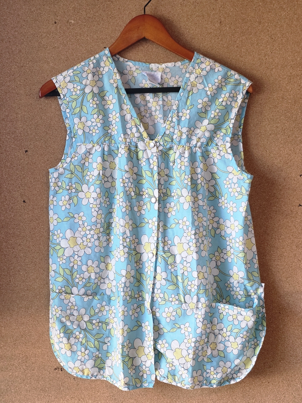 Vintage Premier Intimates Floral House Smock Top M Blue Snaps Pockets Tunic